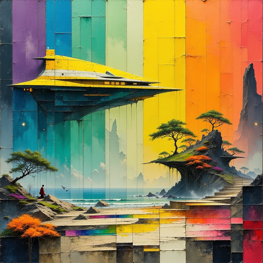 Rainbow Storm: Futuristic Spaceship Transporter in Surreal S...