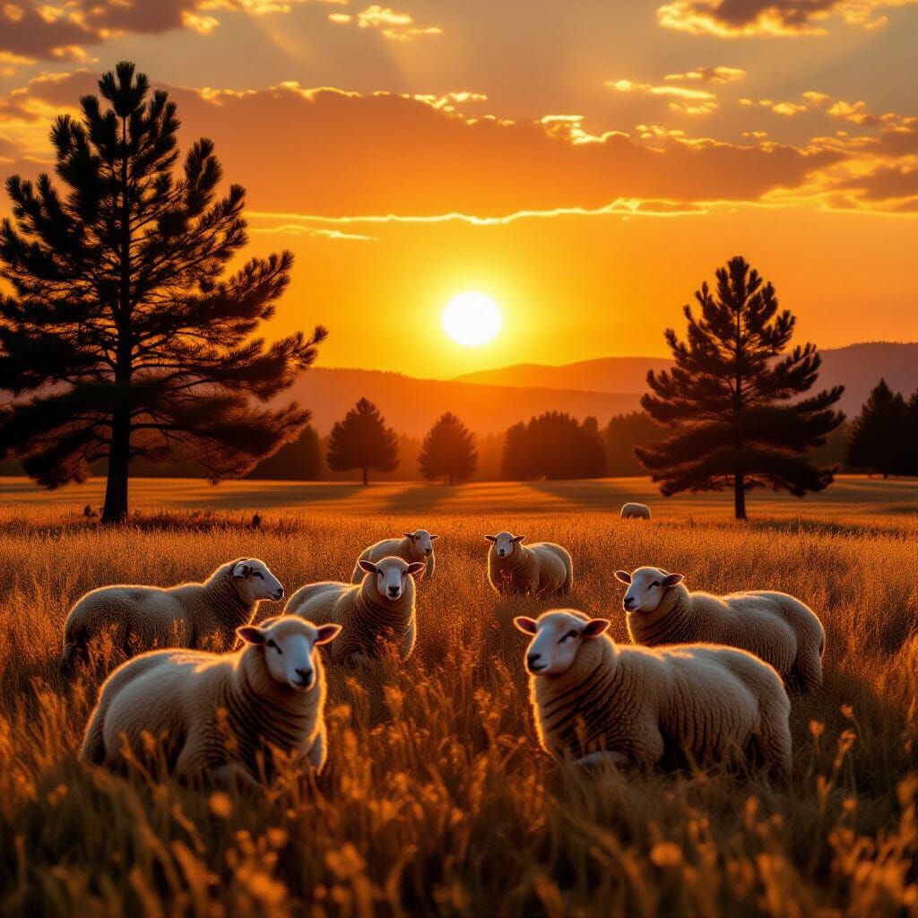 Sheep Rest in Summer Field with Orange Sky