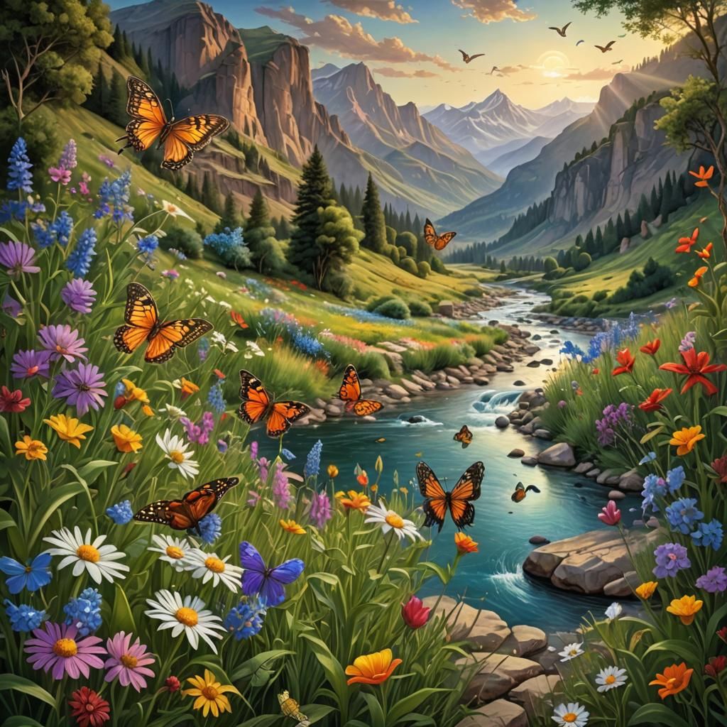 Lush Mountain River Landscape in Renaissance Style