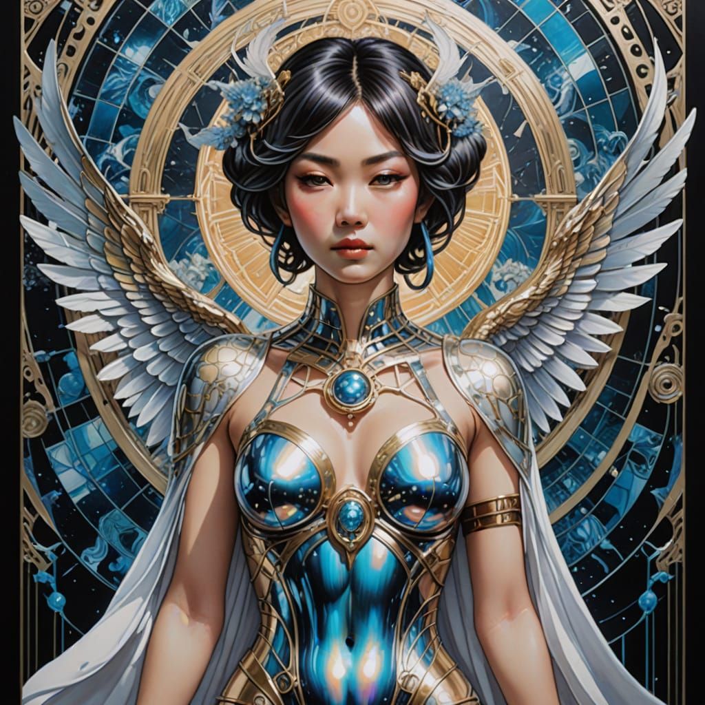 Iridescent Tarot Card Portrait of a Japanese Woman in a Cath...