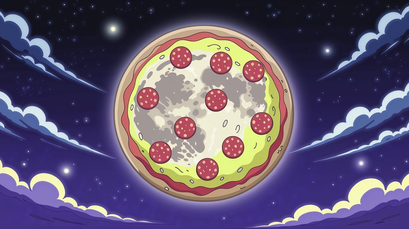 Colossal Pizza Moon in Cartoon Illustration
