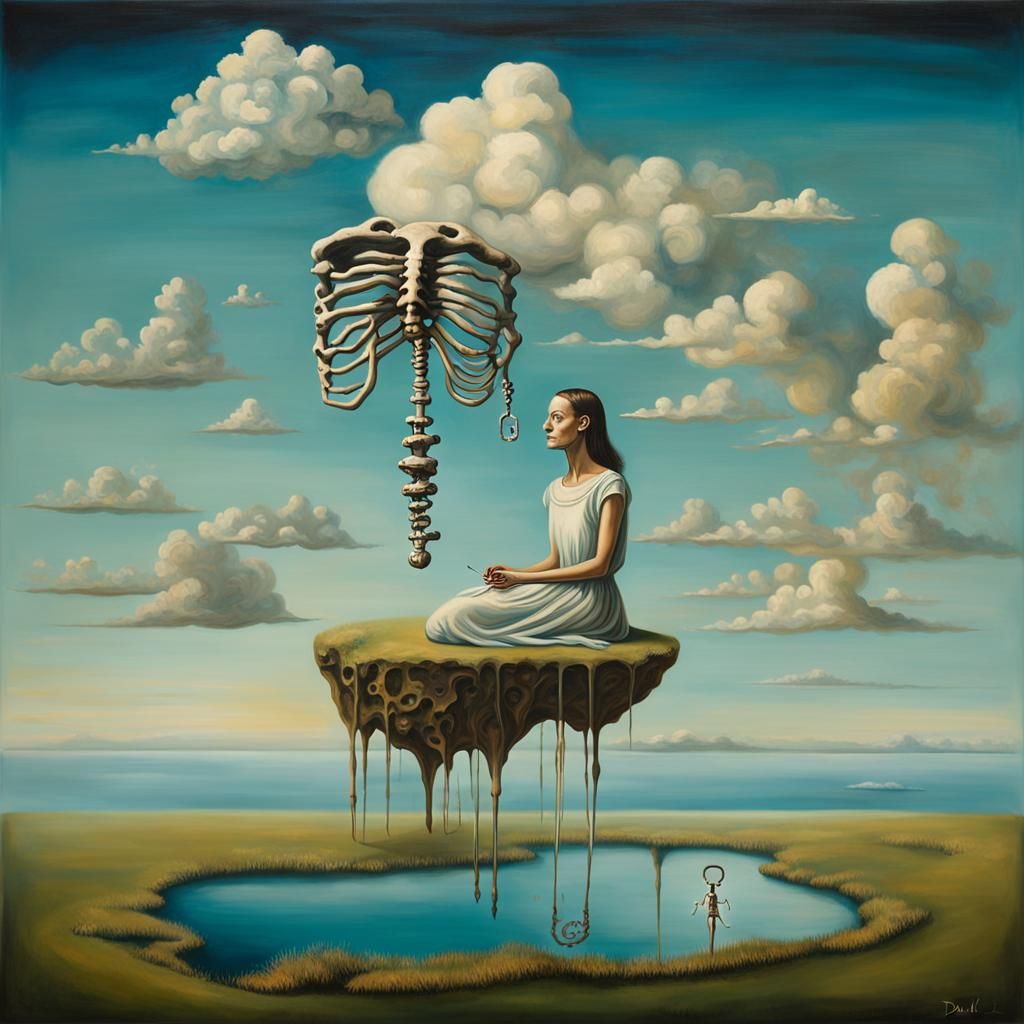 Woman on Cloud with Floating Key: Surrealist Dream