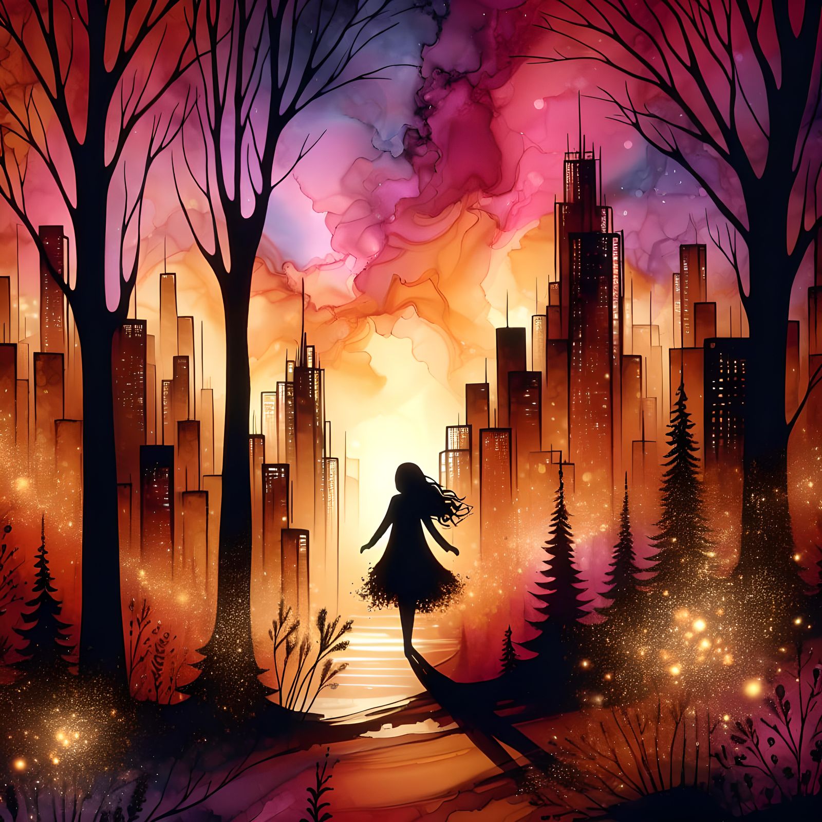 Silhouette Girl in Autumn Cityscape with Gold Sparkles