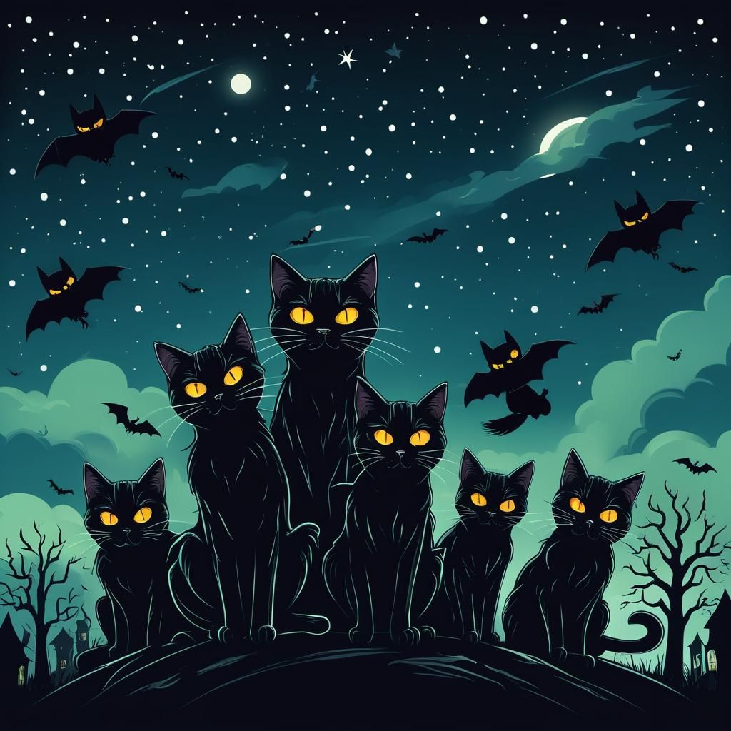 Spooky Halloween Night Vector with Cats and Witch