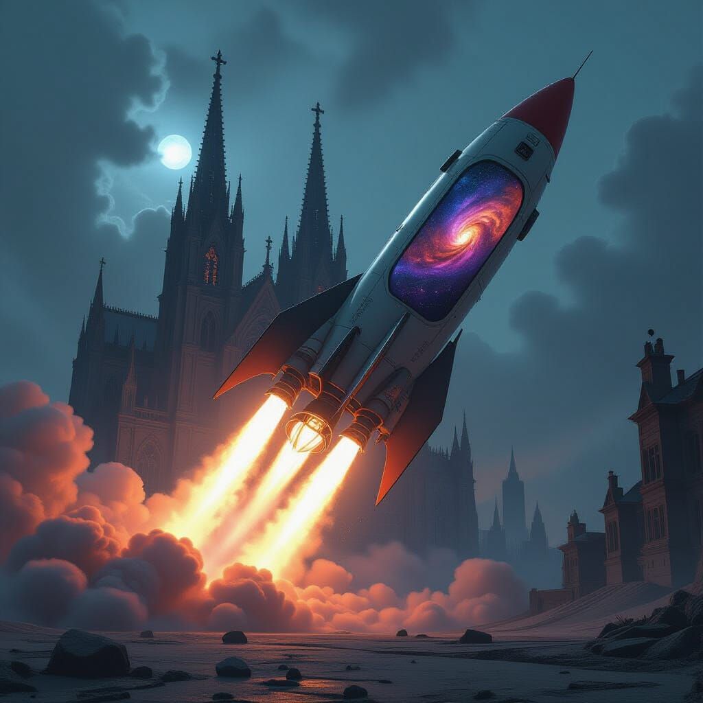 Gothic Cathedral Rocket Ship Blasts Off in Hyperrealism