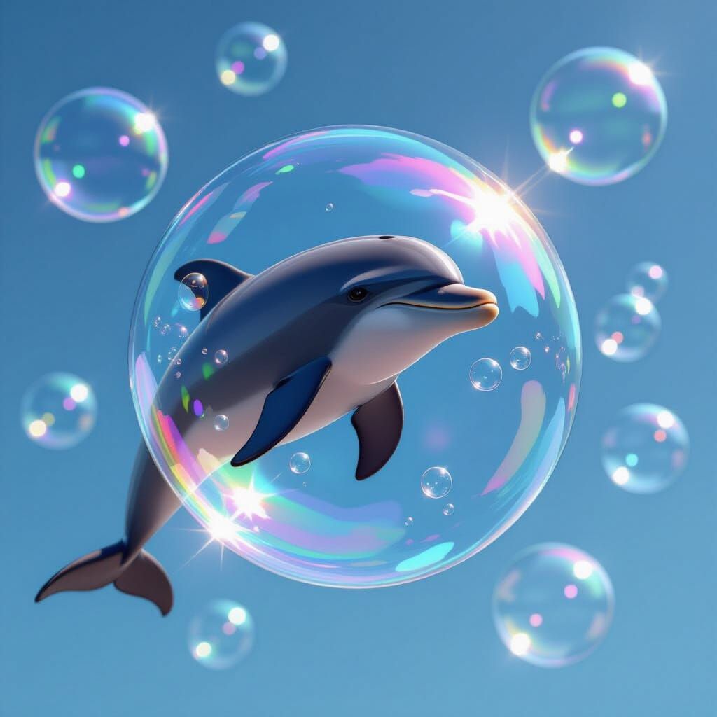 Realistic Dolphin Blowing Colorful Soap Bubbles