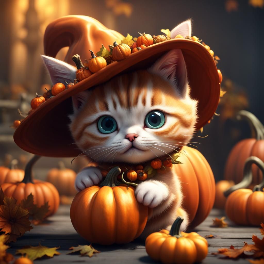 Cute Kitten in Pumpkin Hat, Detailed Matte Painting