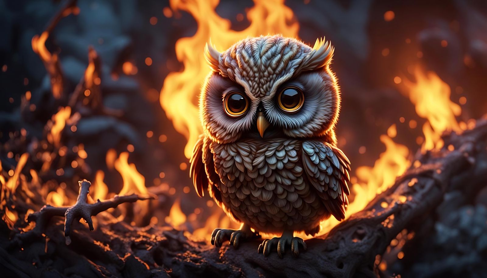 Flaming Sinister Chibi Owl in Ultra Detail