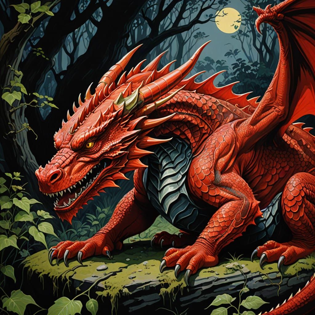 Surreal Red Dragon in Gouache Painting