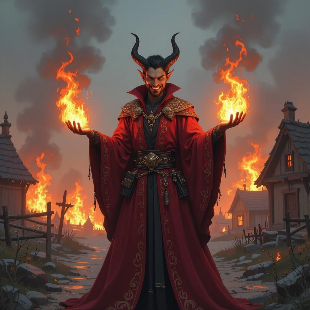 Infernal Tiefling Pyromancer in Burning Village