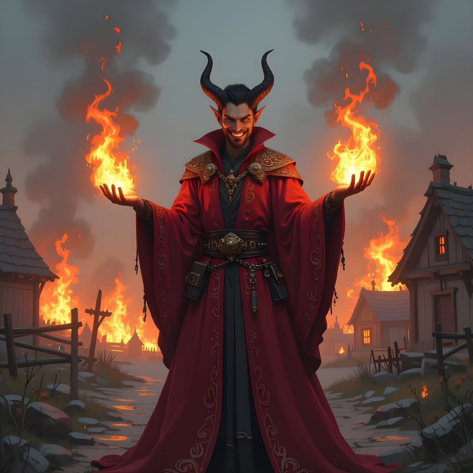 Infernal Tiefling Pyromancer in Burning Village