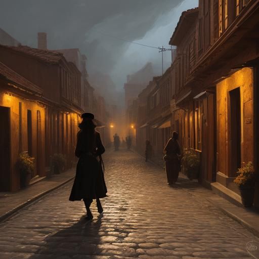 Expressionist Figure Walking in 19th Century Town