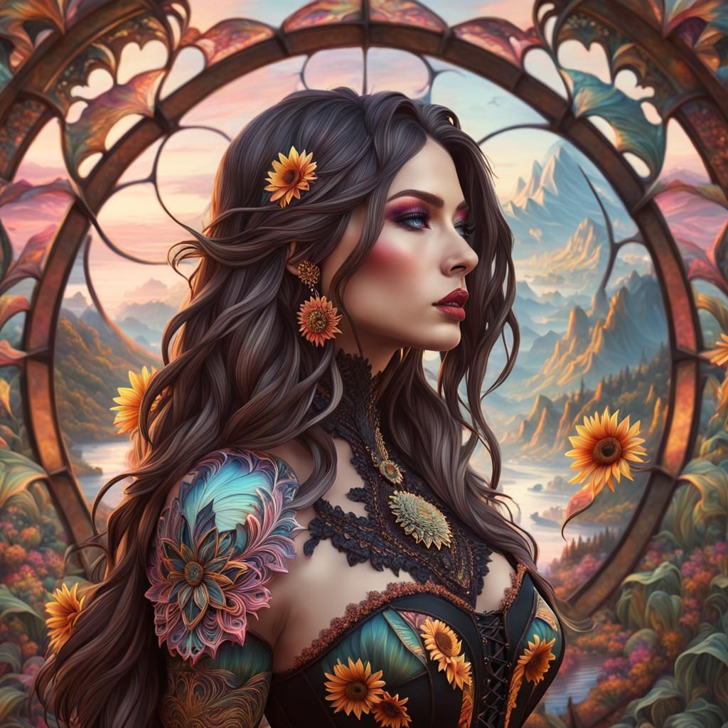 Sunflower Corset Girl in Epic Scenery: Detailed Matte Painti...