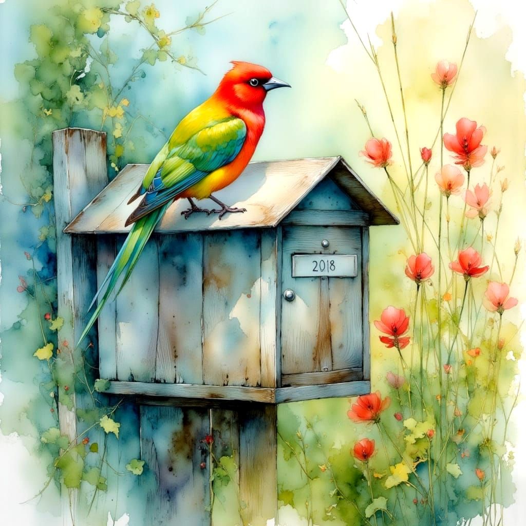 Rosella Bird Portrait in Watercolor Style