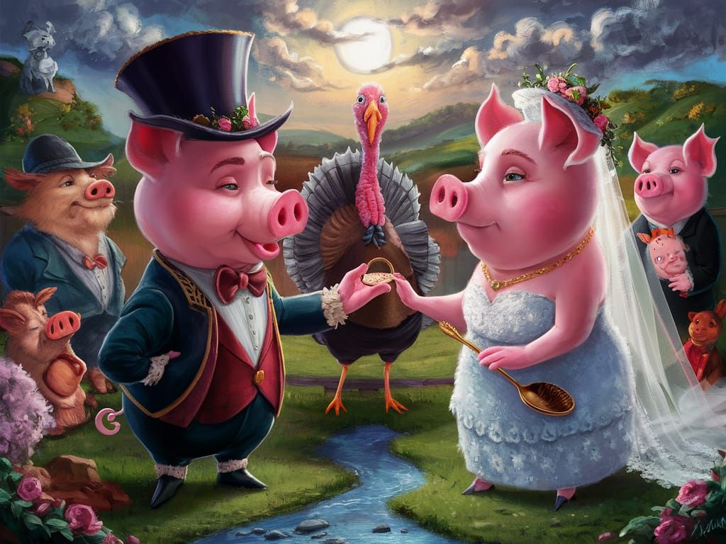 Charming Pig Wedding Under Moonlight