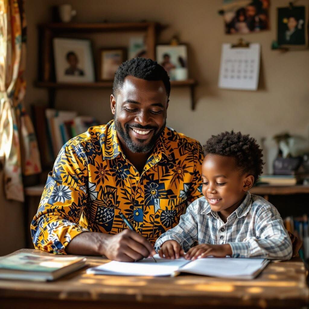 African Father Assists Child with Homework
