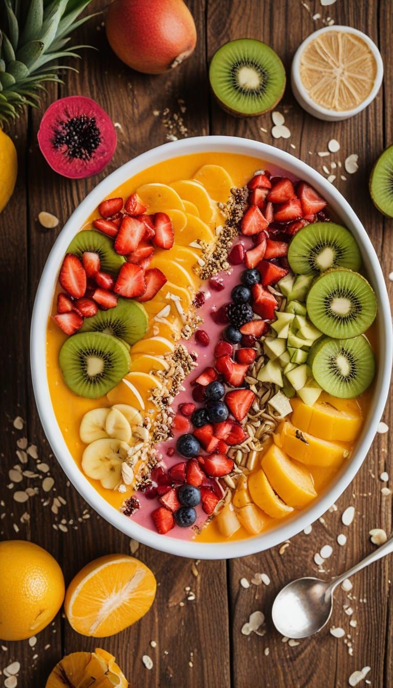 Vibrant Tropical Smoothie Bowl with Exploding Colors