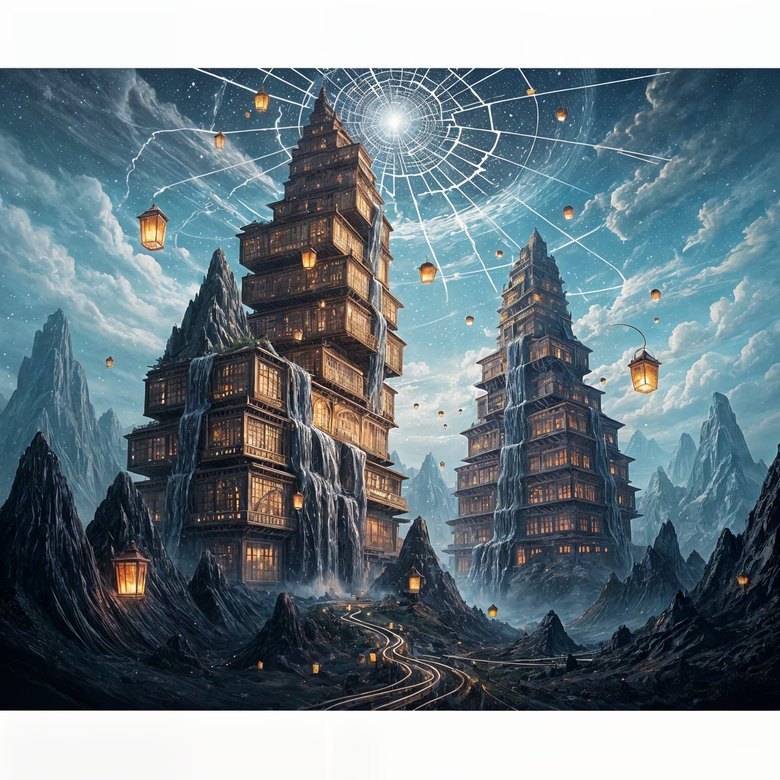 Book Mountains with Ink Waterfalls and Glowing Lanterns