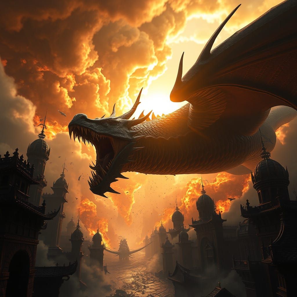 Cyberpunk Apocalypse: Dragon Unleashes Fury on Ancient City
