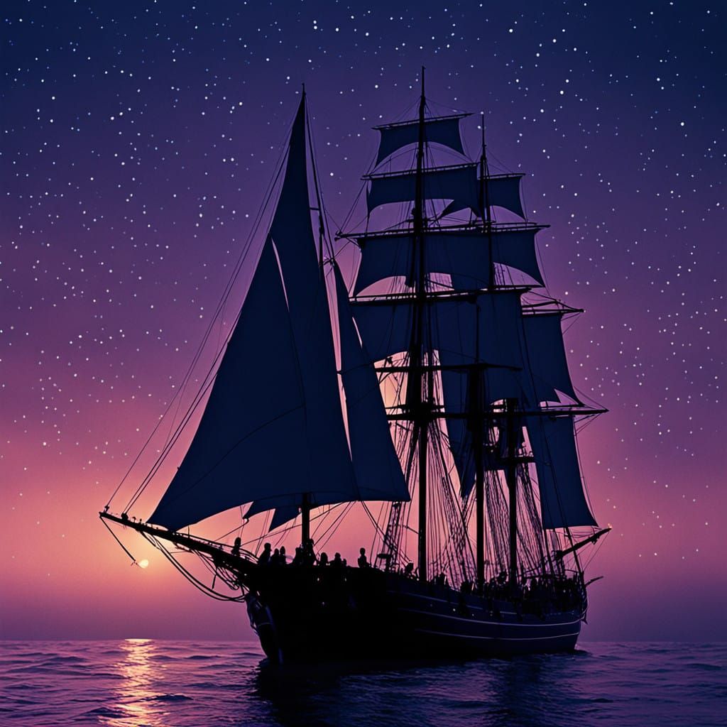 Majestic Sailing Ship Under Starry Night Sky