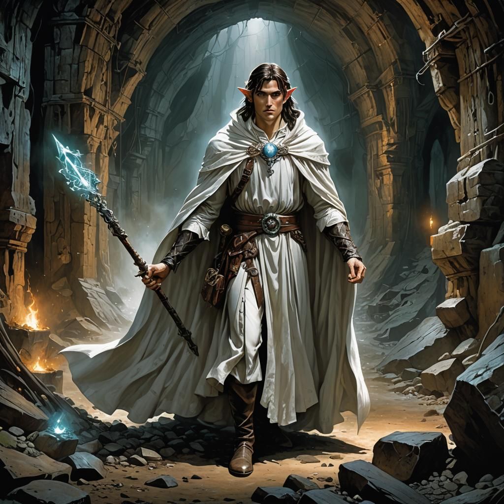 Elf Sorcerer in Abandoned Mine with Magic Artifacts