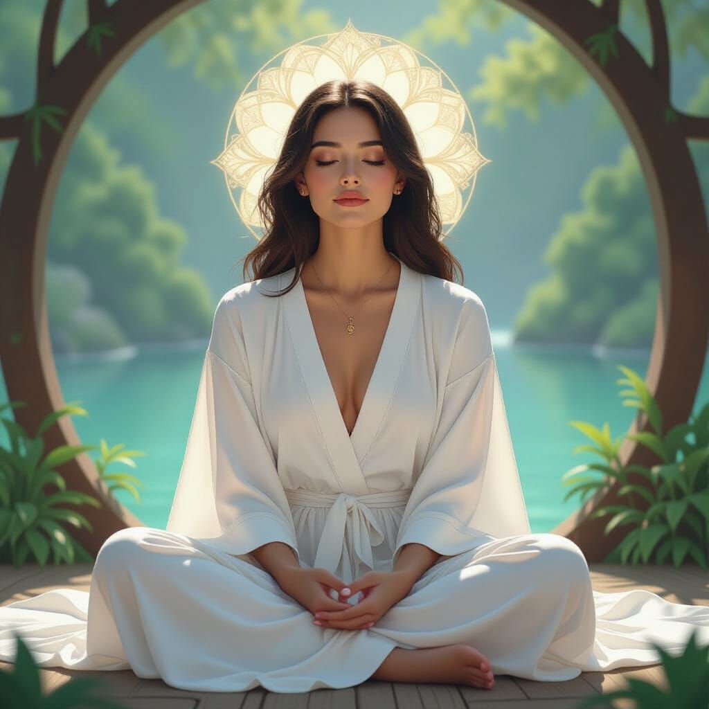 Serene Woman Meditating in Nature, Art Nouveau Style