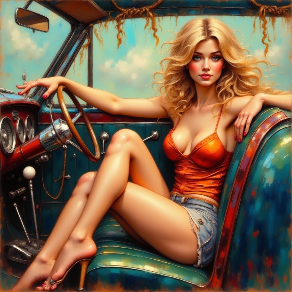 Vibrant Woman in Car, Josephine Wall Style
