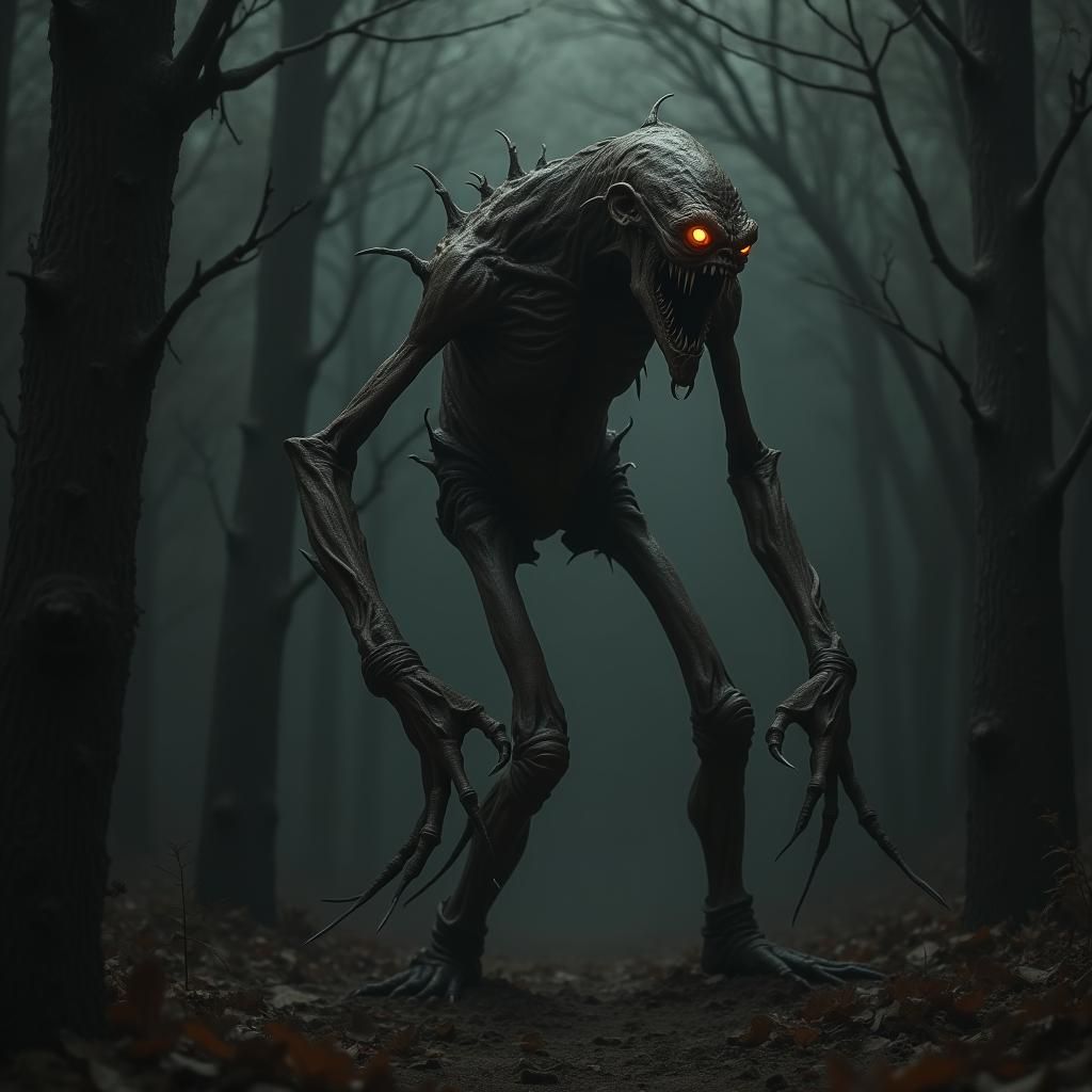 Eerie Figure in Shadowy Forest, Macabre Elegance