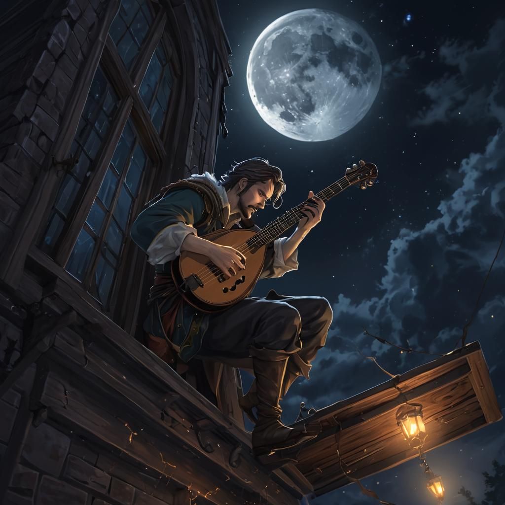 Anime Bard Falling From Window at Night