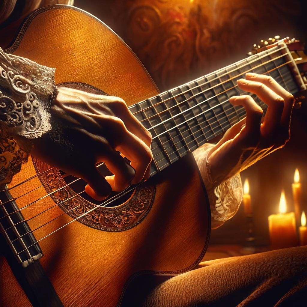 Romantic realism depiction of a classical guitarist's hands ...