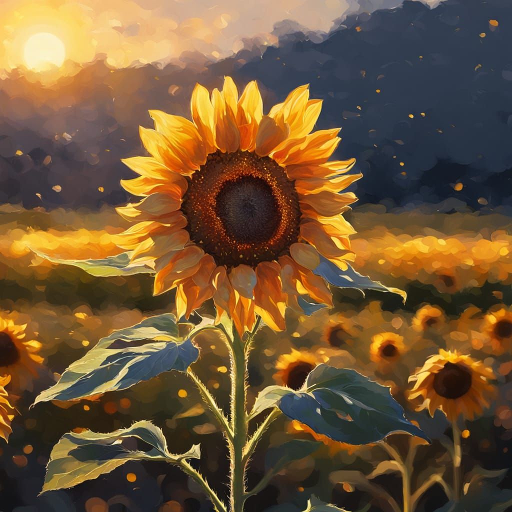 Impressionist Sunflower in Golden Sunset Light