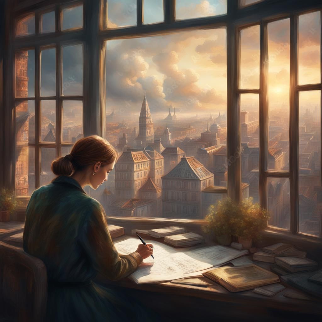 Impressionist Woman Writing with City View