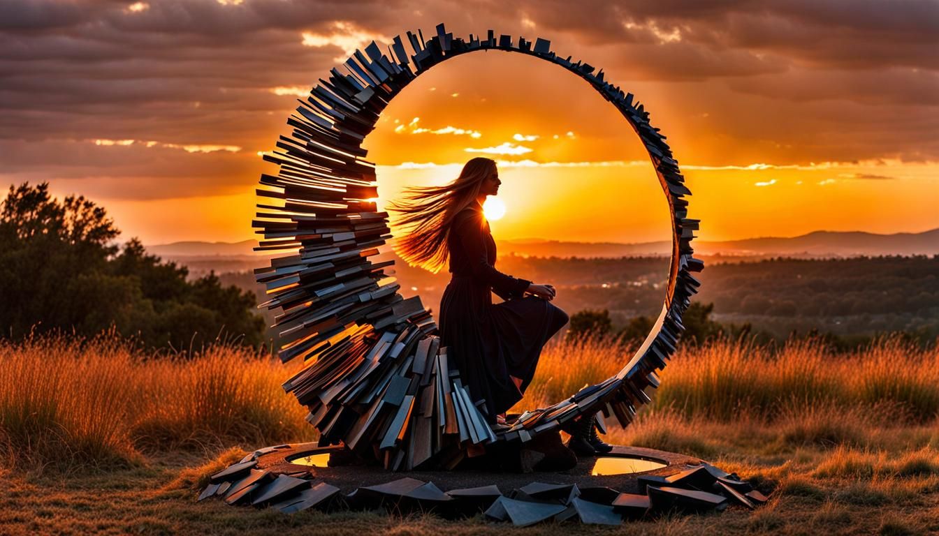 Surreal Sculpture of Woman at Sunset with Bio Art