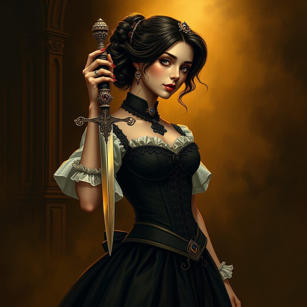 Elegant Victorian Lady Wields Ornate Dagger