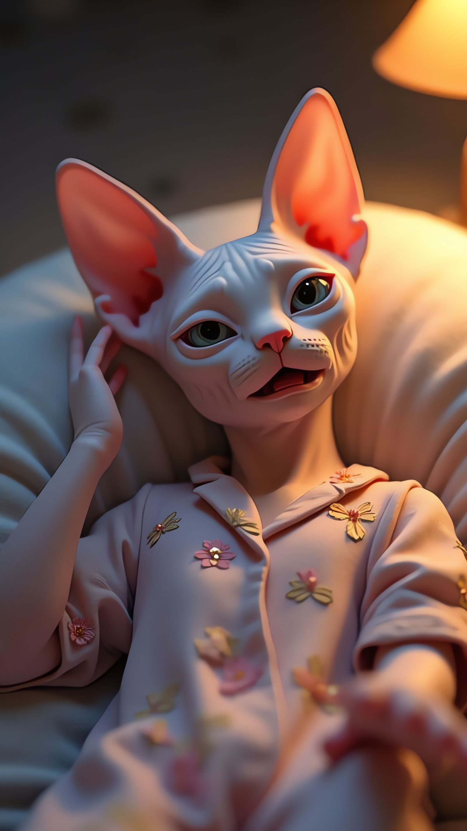 Confused Sphynx Cat in Bed: 3D Anime Art