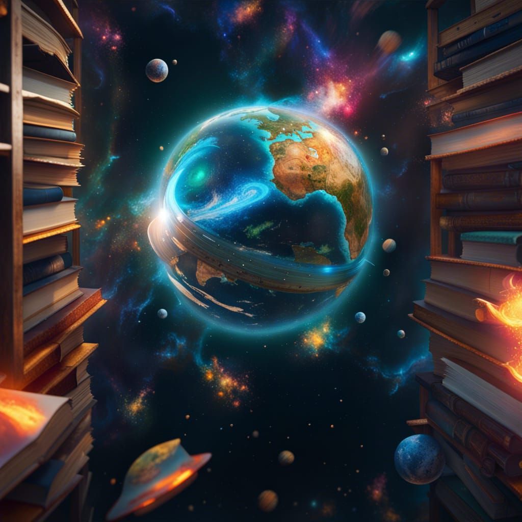 Cosmic Highway of Books in Space, Hyperdetailed Art