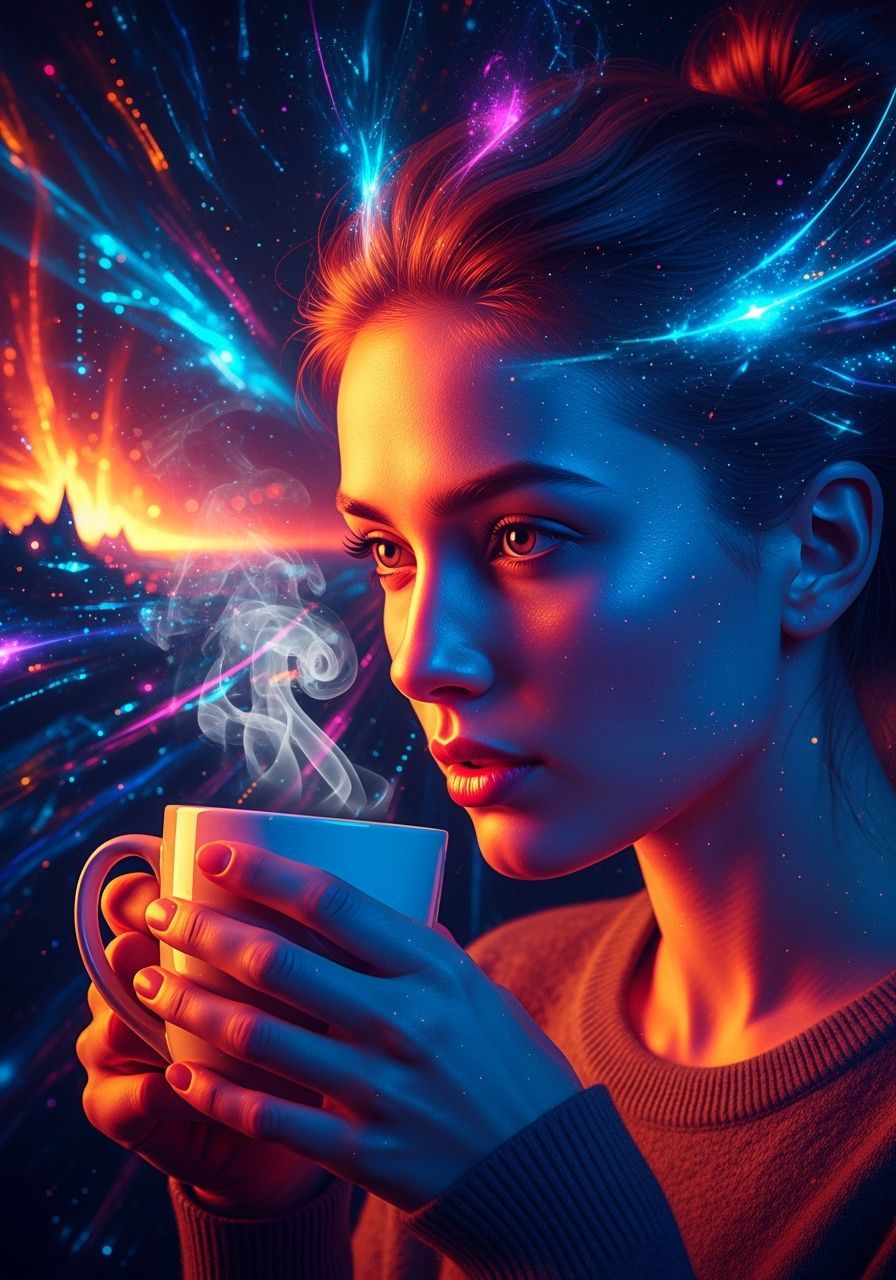 Woman Sipping Coffee with Dramatic Lighting and Glowing Colo...