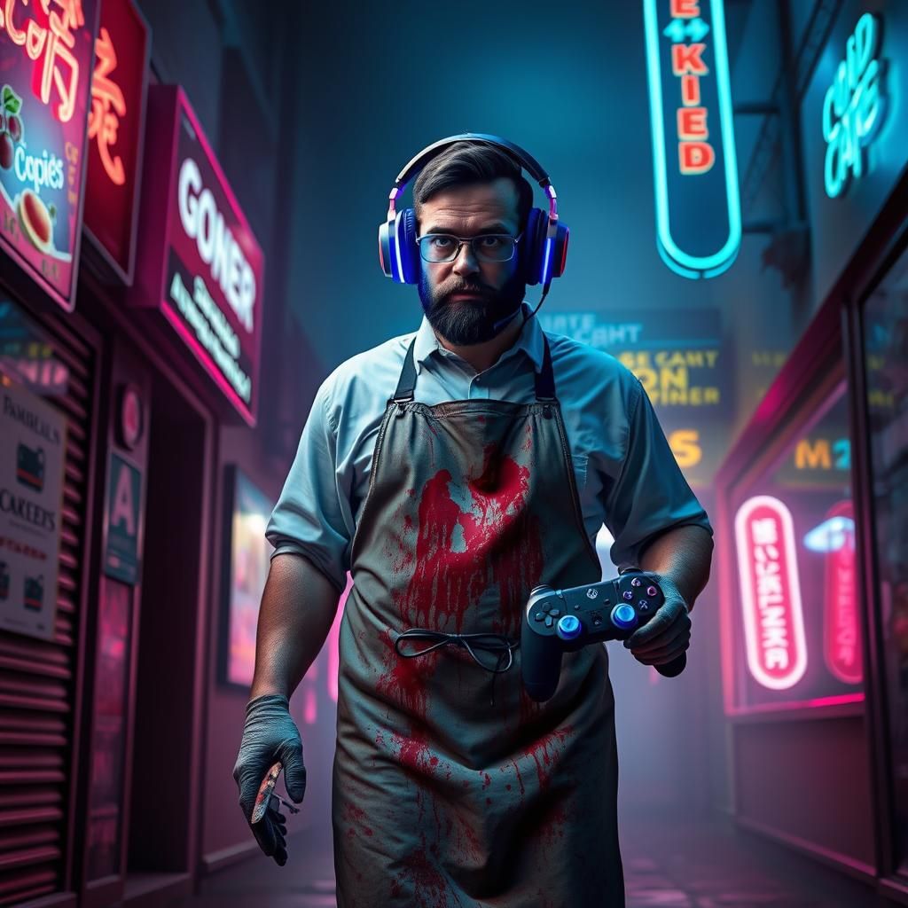 Butcher in Cyberpunk Alley with Gaming Gear
