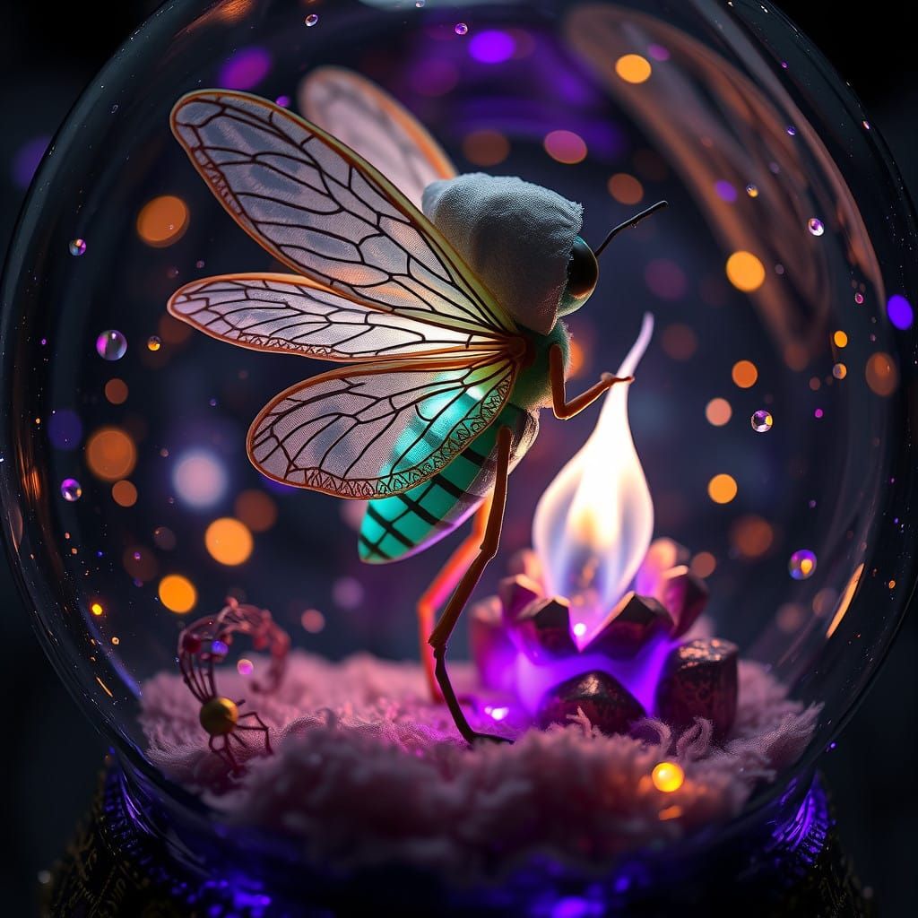 Whimsical Firefly Guardian in Shimmering Vortex Scene