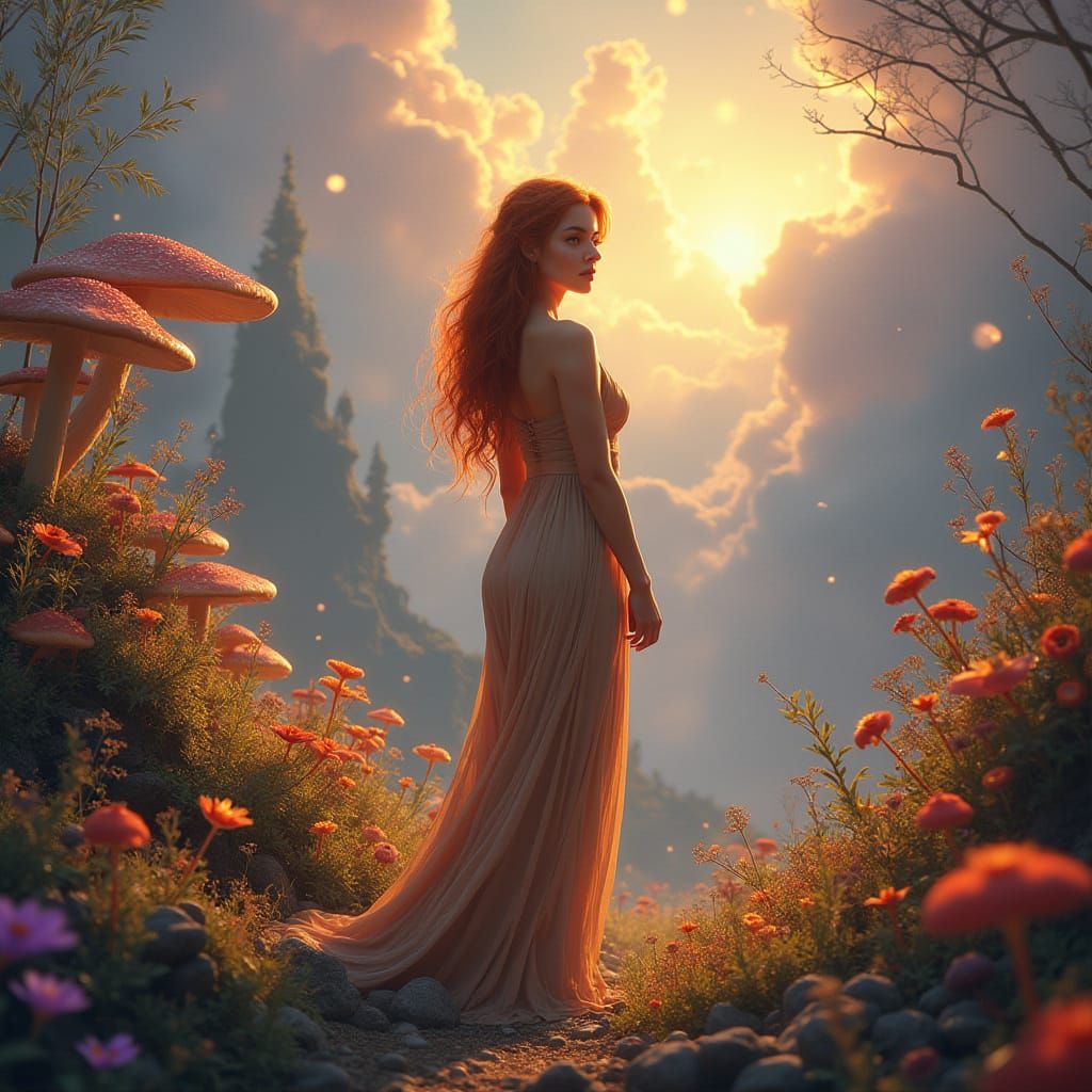 Ethereal Fantasy Goddess in Whimsical Landscape