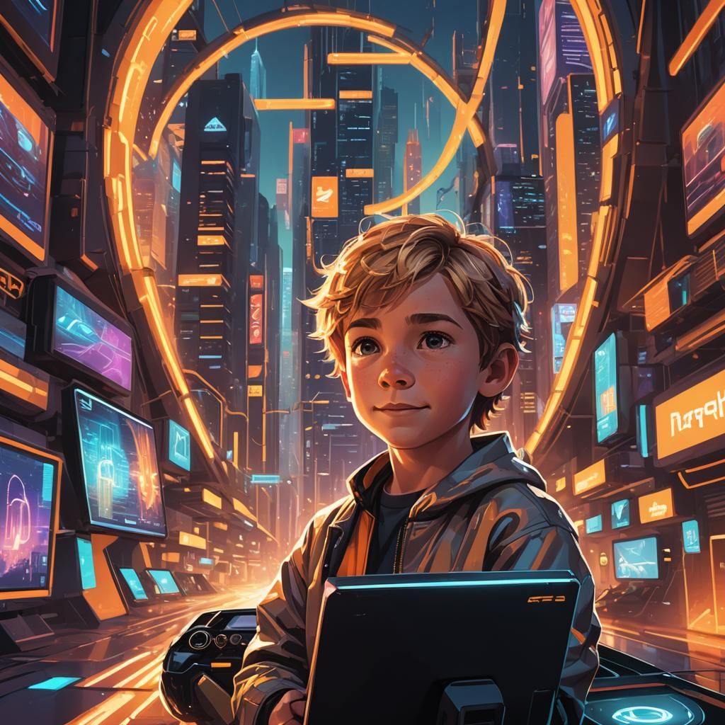 Boy and Portal to Neon City: Digital Art