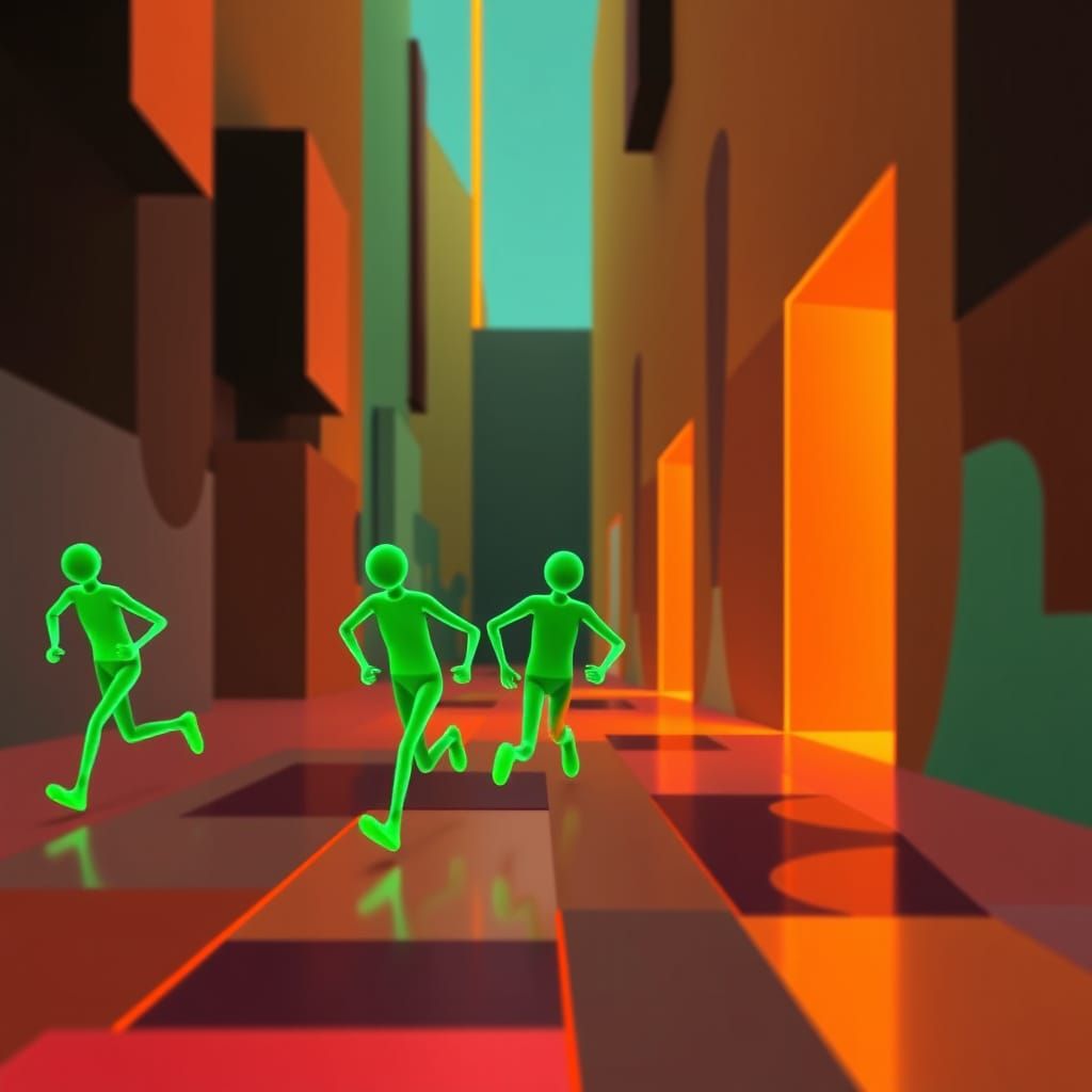 Neon Figures Run in Abstract Cubist Scene