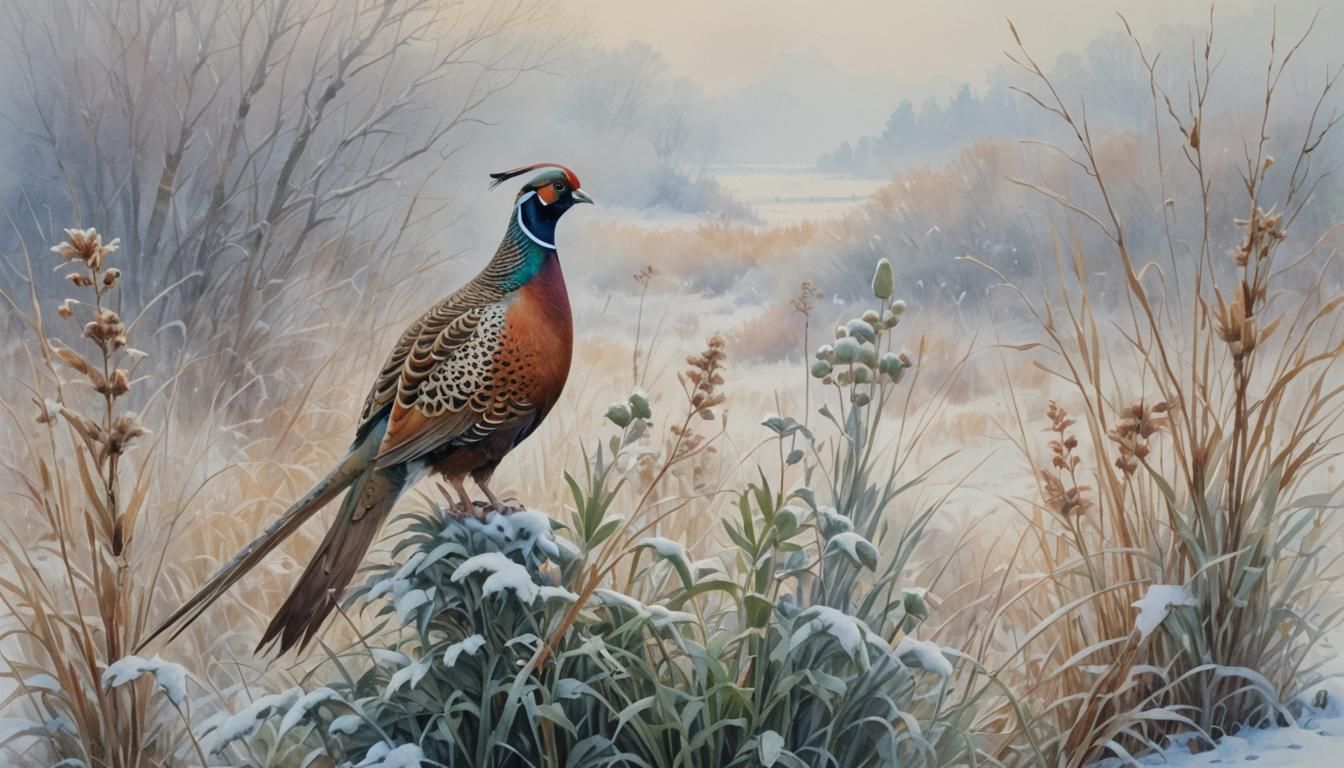 Pheasant in Foggy Landscape: Watercolor Wildlife Art