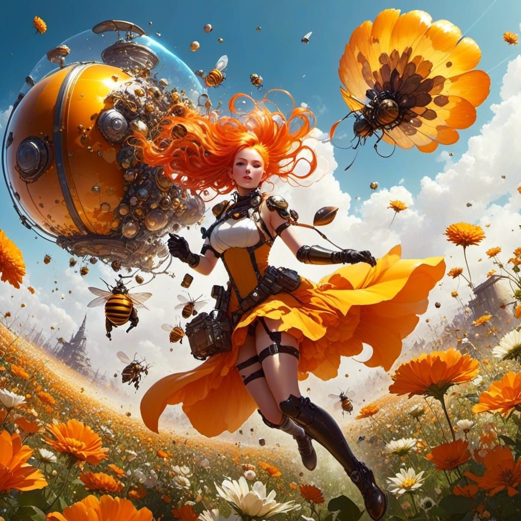 Sci-Fi Female Worker Flying Near Giant Flowers