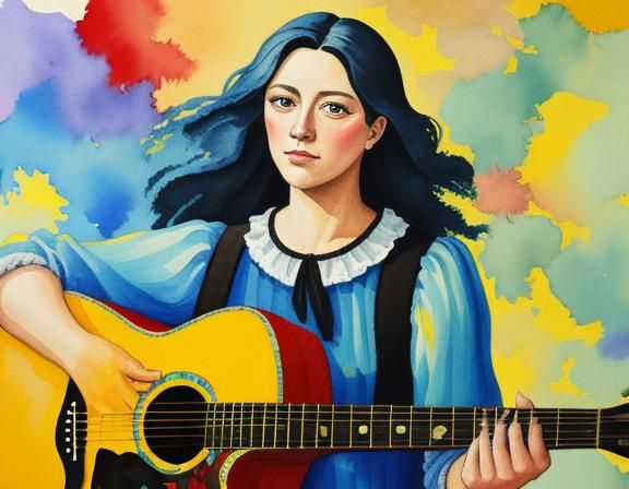 Woman Playing Guitar as Gouache Painting
