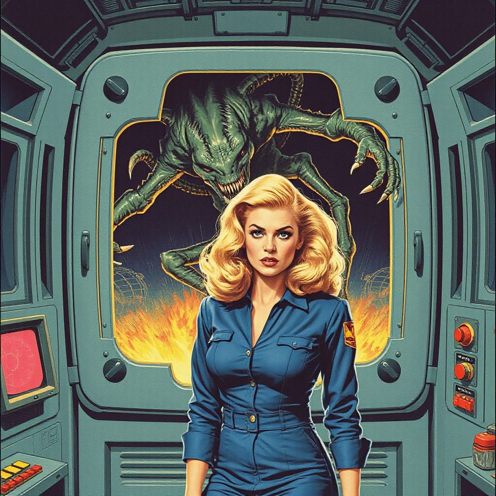Frazzled Blonde in Rocket Control Room, Vintage Sci-Fi