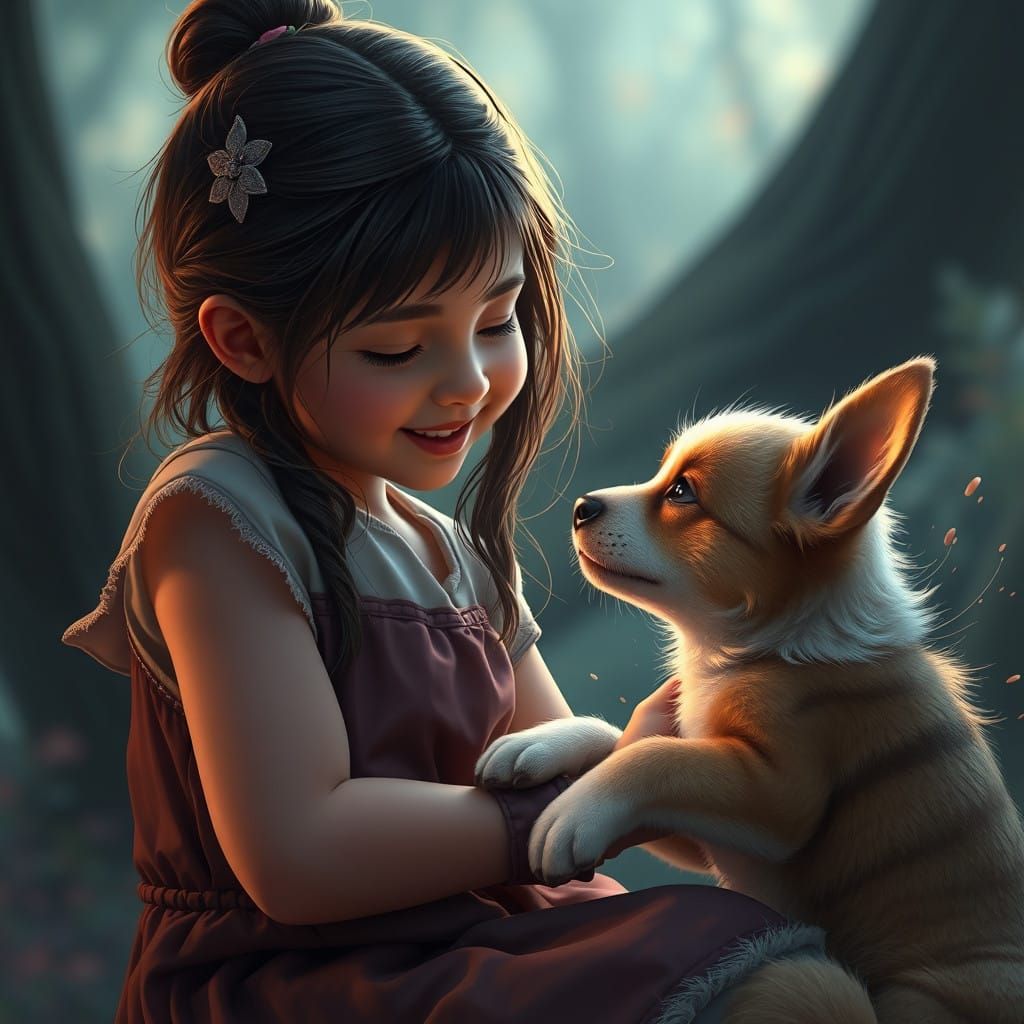 Whimsical Girl and Puppy in a Fantastical Landscape