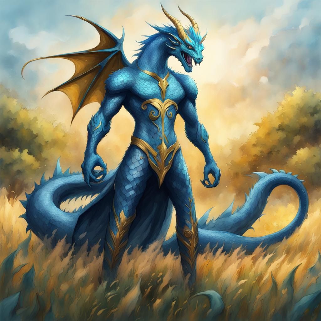 Blue Dragonman in Field: Watercolor Style Painting