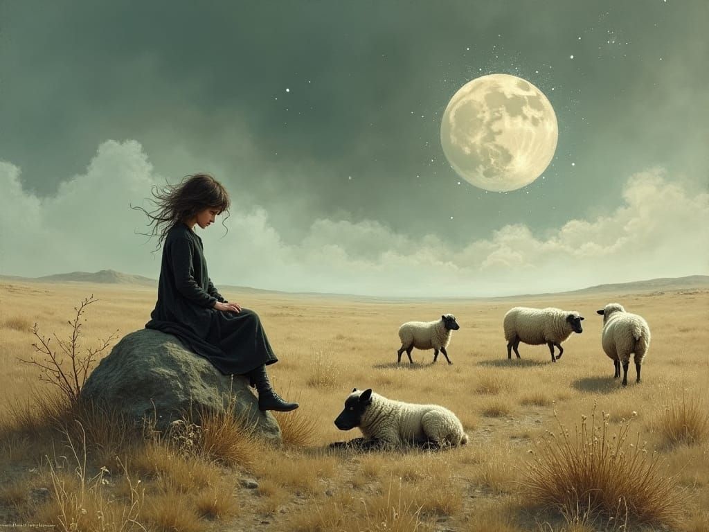 Girl with Sheepdog in Heathland, Art Nouveau Style