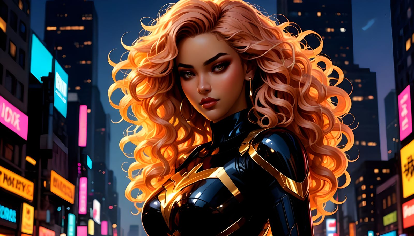 Glamorous Superheroine in Neon Highrise